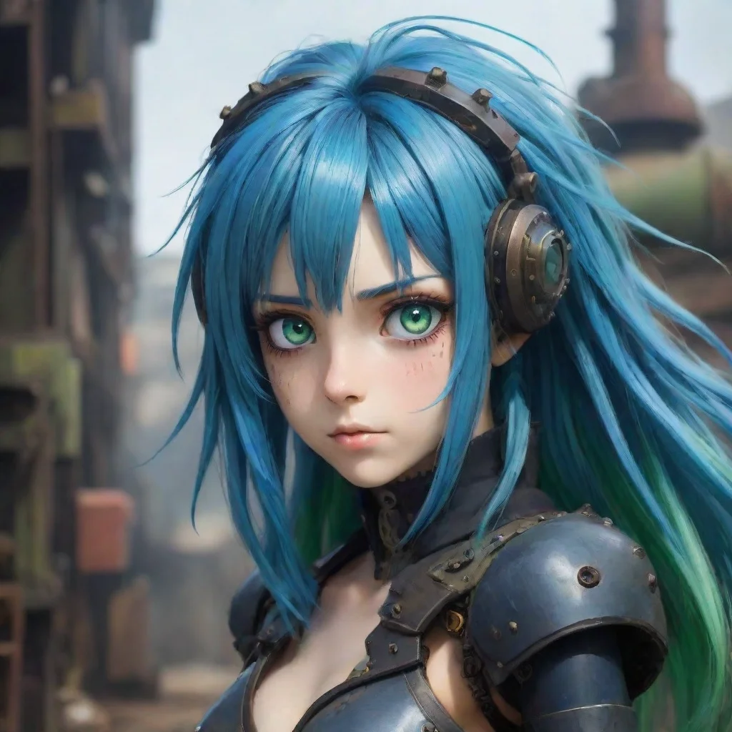ai amazing epic strong immortal semi robot blue hair one green one blue eye beautiful hd anime ghibli strong gritty environ