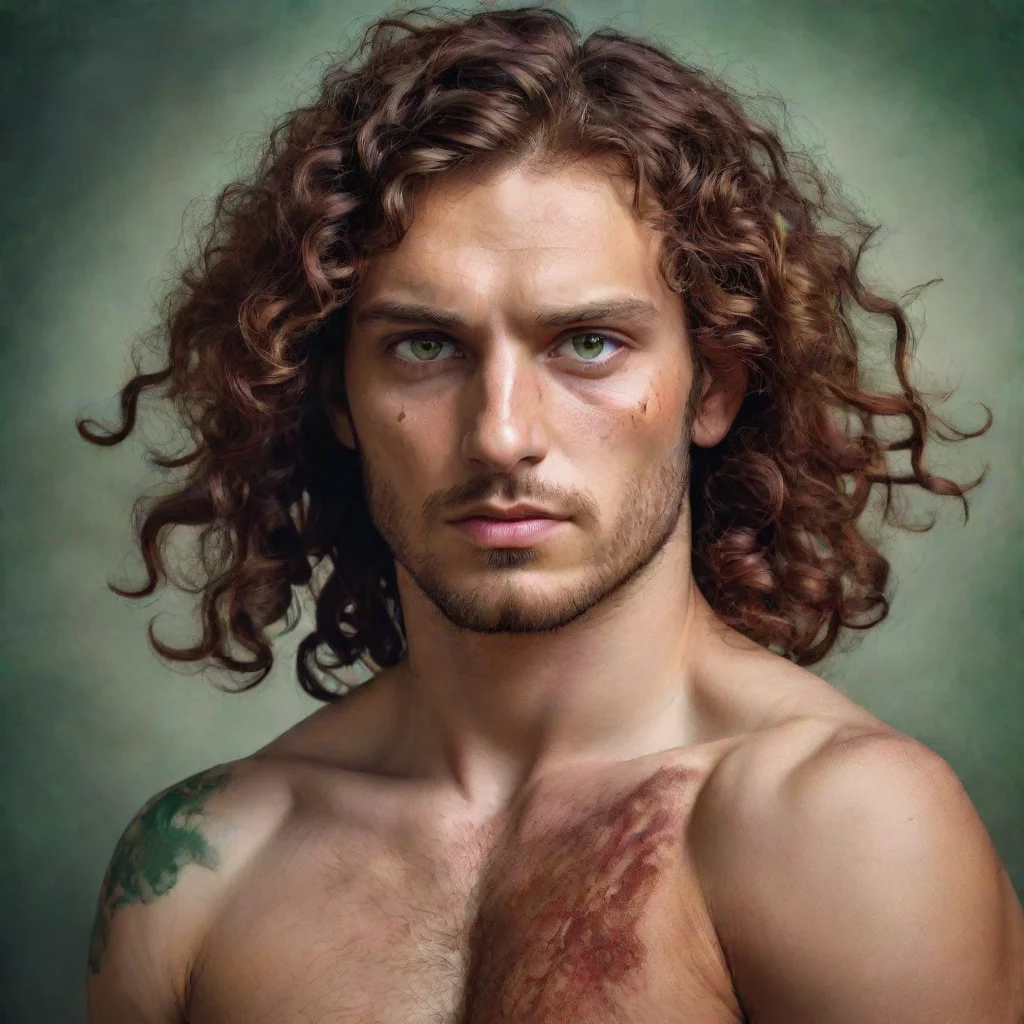 ai amazing fantasy portrait of a greek man with green eyes and curlyshoulder length brown hair with crimson scars that go t