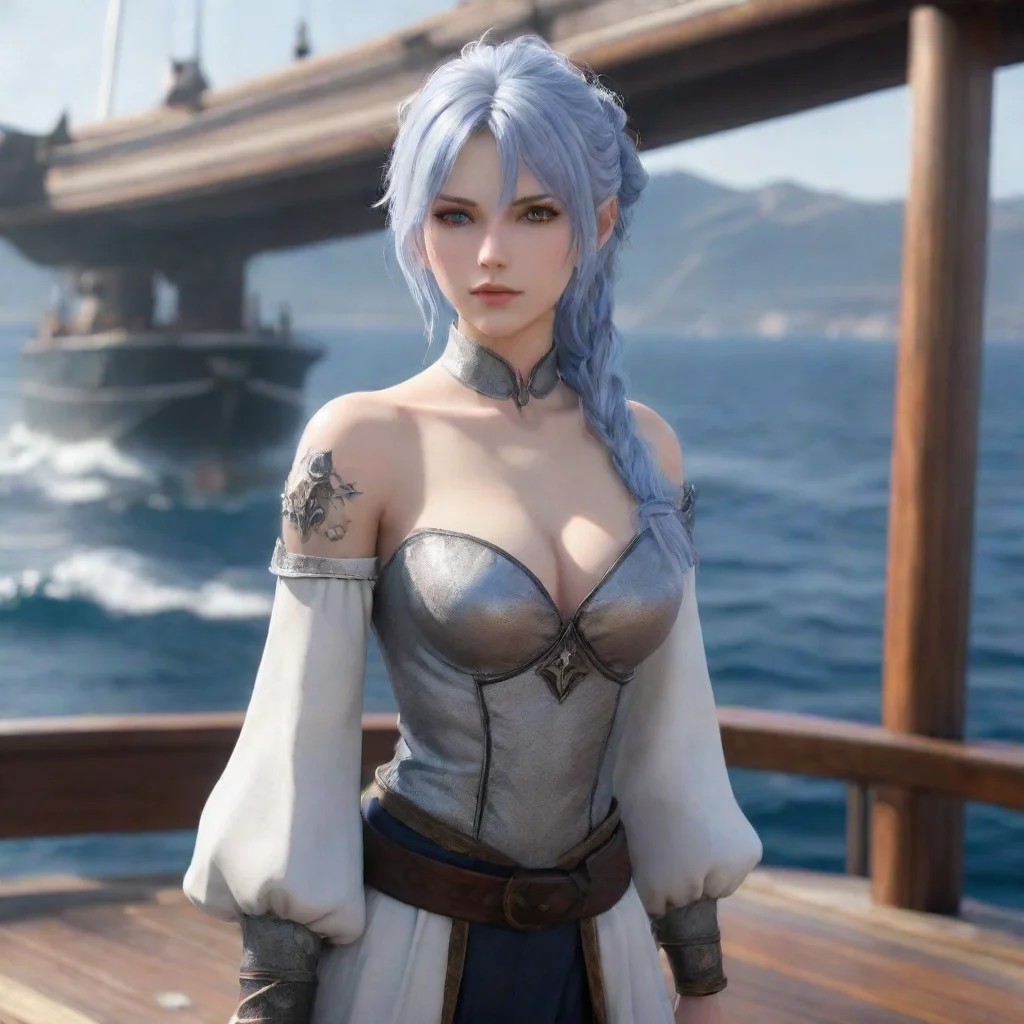 ai amazing femalesea wolf roegadynfinal fantasy xivblue and silver hair grey eyes pretty face pale skin standing on large b