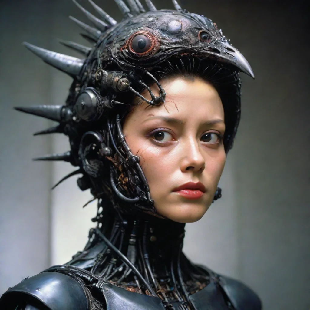 ai amazing from movie event horizon 1997 from movie tetsuo 1989 from movie virus 1999 woman wearing bird head made of machi