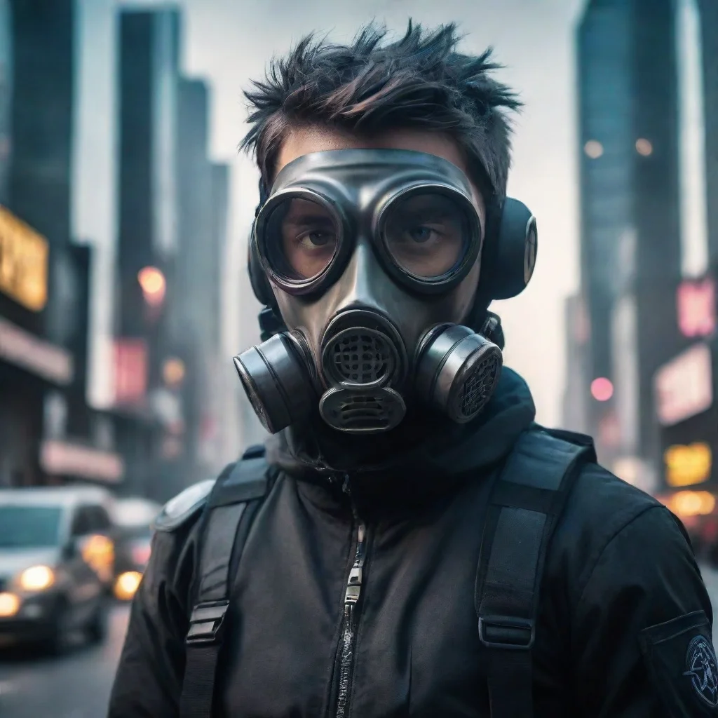 amazing future cyber punk police man wearing gas mask in a large city awesome portrait 2