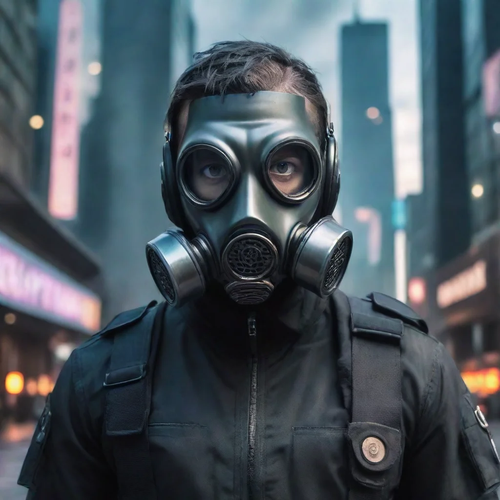 ai amazing future cyber punk police man wearing gas mask in a large city with cartoon style awesome portrait 2