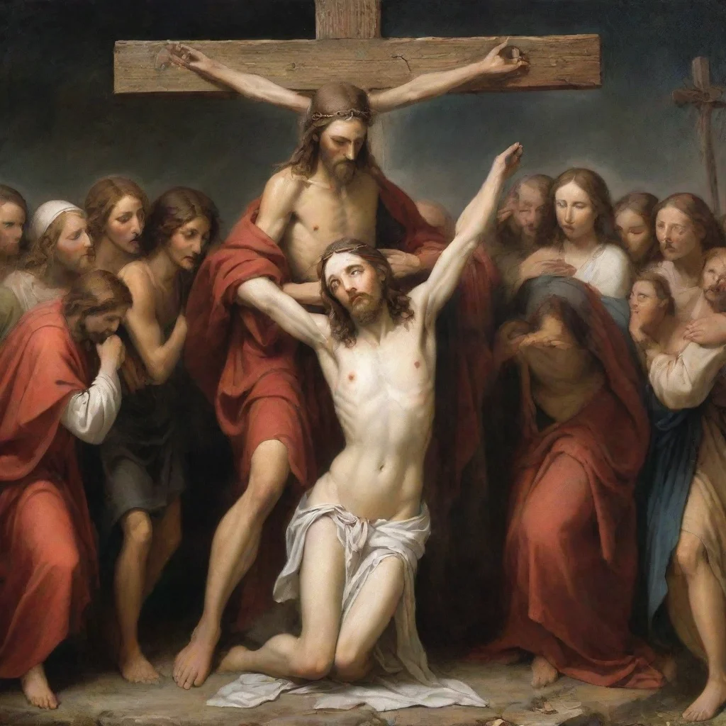 ai amazing generate an image of jesus on the crossbleedingwith maryhis motheron heer knees looking at jesus and cryingthey 