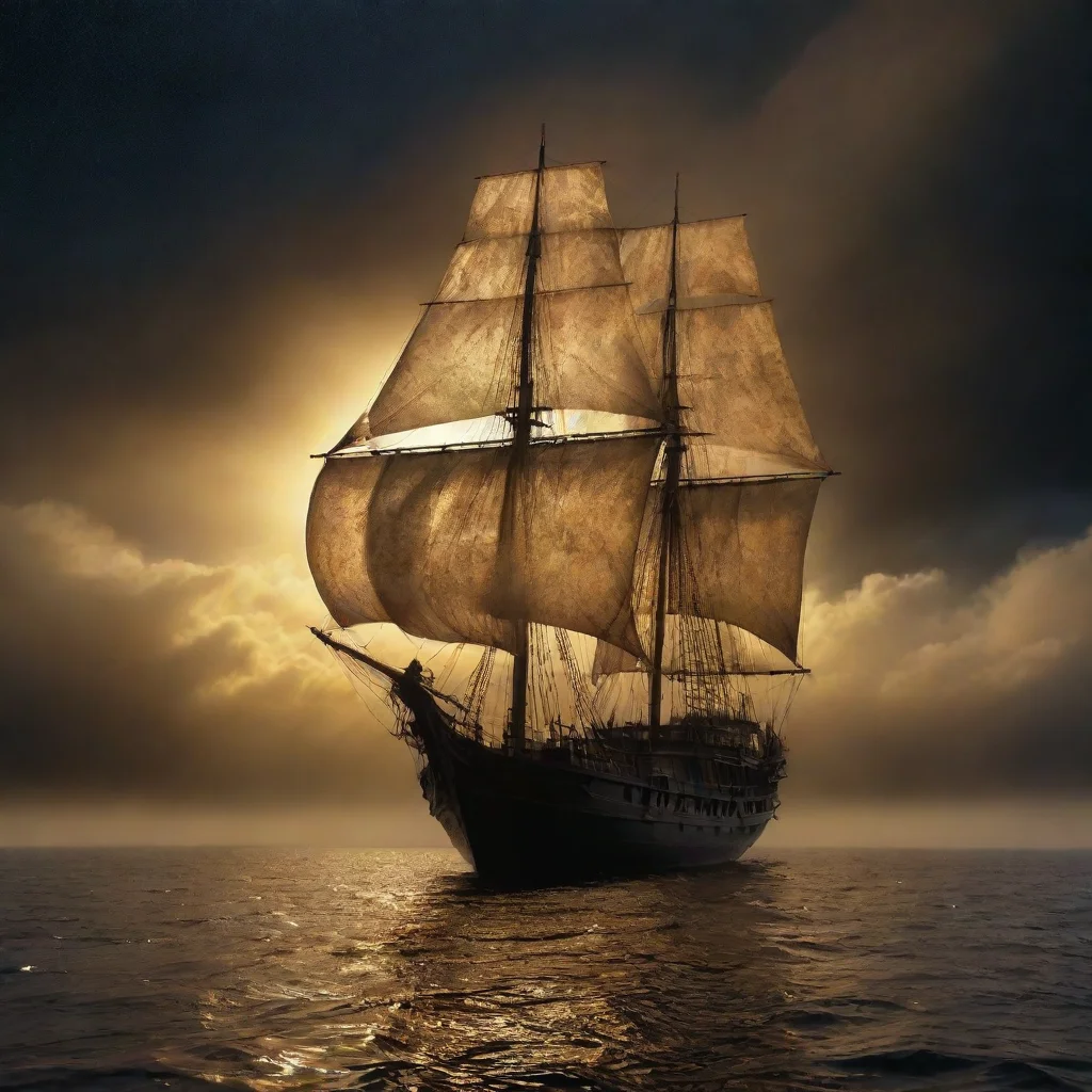 ai amazing ghostly psychedelic fractal clouds in night sky over bubbling black oil sea golden solar egyptian funerary boat 