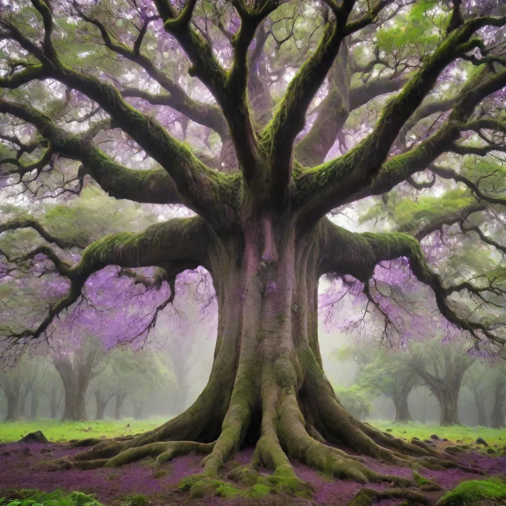 ai amazing giant magic tree with small purple flying particles around itlush green leaves with lush green moos around it aw
