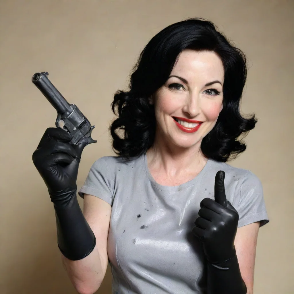  amazing grey delisle smilingwith blacknitrile gloves and gunandmayonnaise splattered everywhere awesome portrait 2