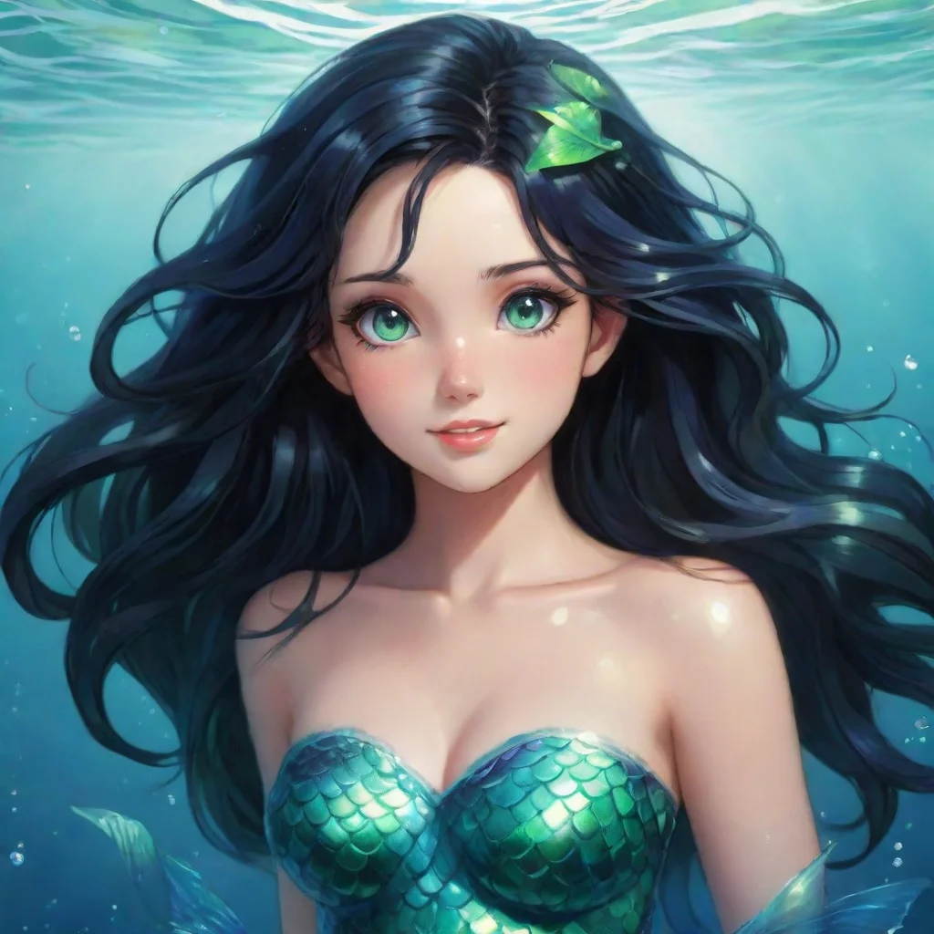  amazing happy anime mermaid with black hair and green eyes awesome portrait 2