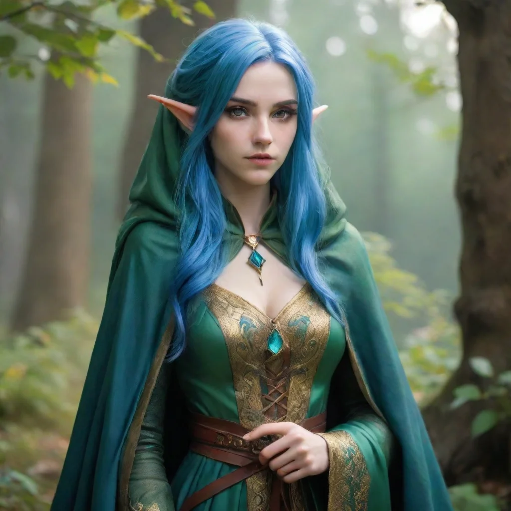 amazing high elf female bardblue hairgreen skinlong dress and a cloak awesome portrait 2