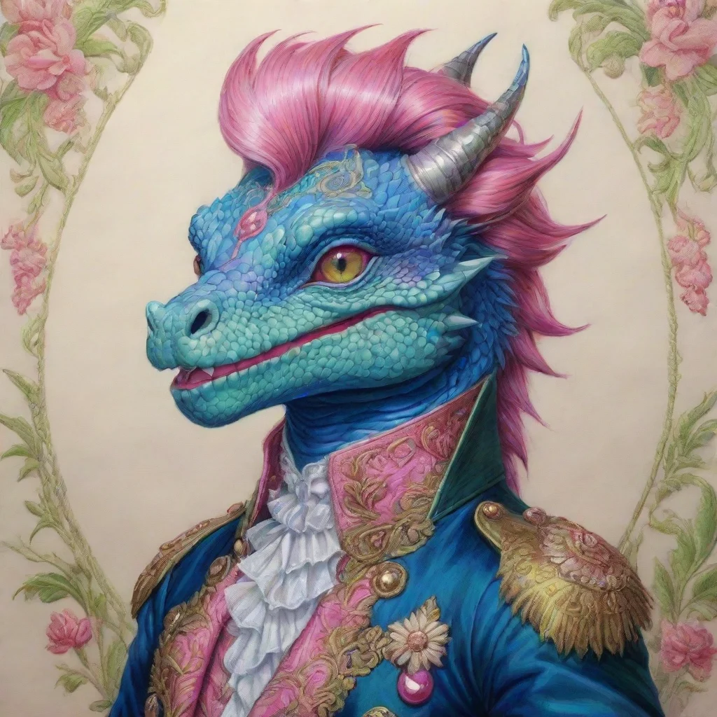 amazing highly detailedhigh quality drawing of a blue anthropomorphic dragon with pink hairgreen eyes and red lipstickwe