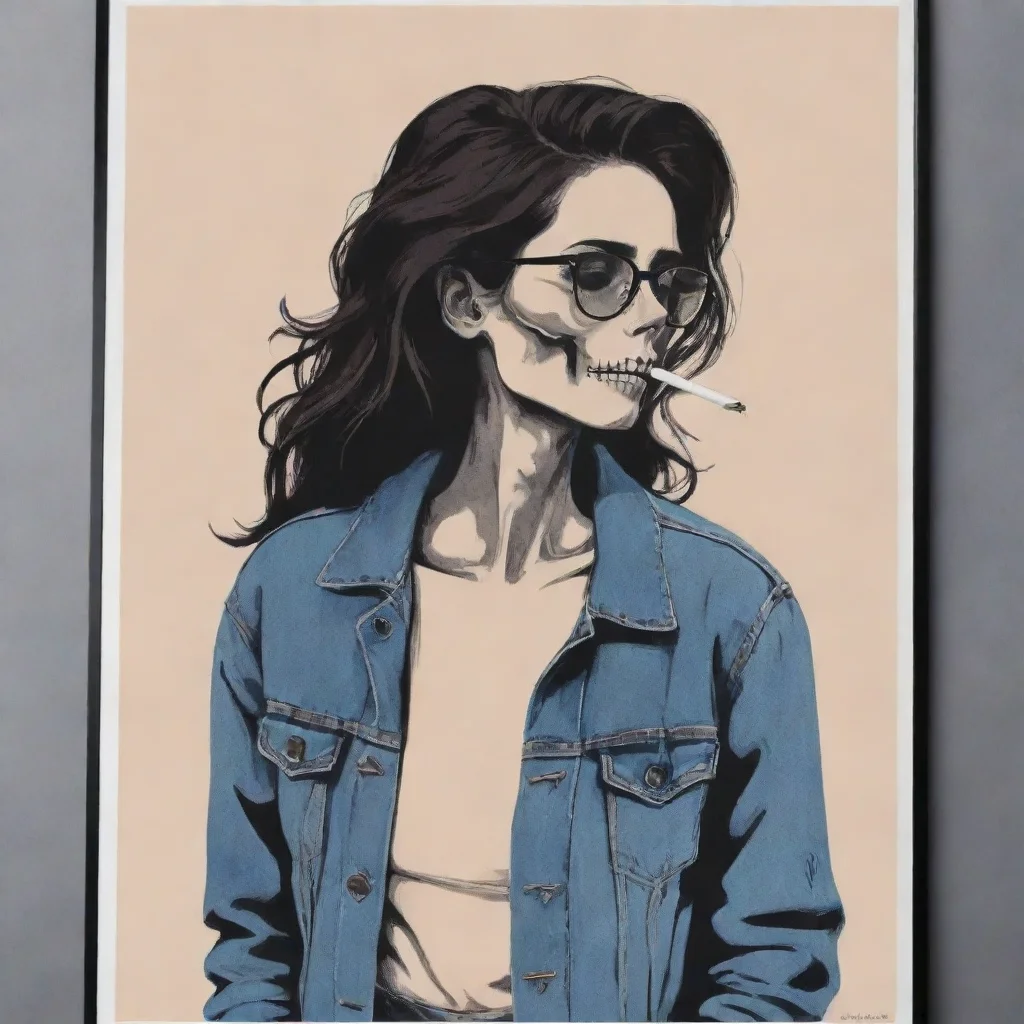 ai amazing in the style of poster artminimalist design with 3 colorsa skeleton wearing a jean jacket smoke a cigarettea sad