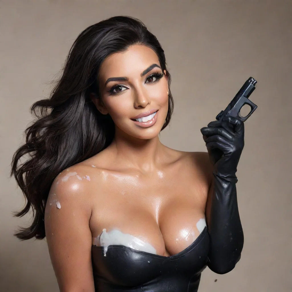 ai amazing kim kardashiansmilingwith black nitrile gloves and gunandmayonnaise splattered everywhere awesome portrait 2