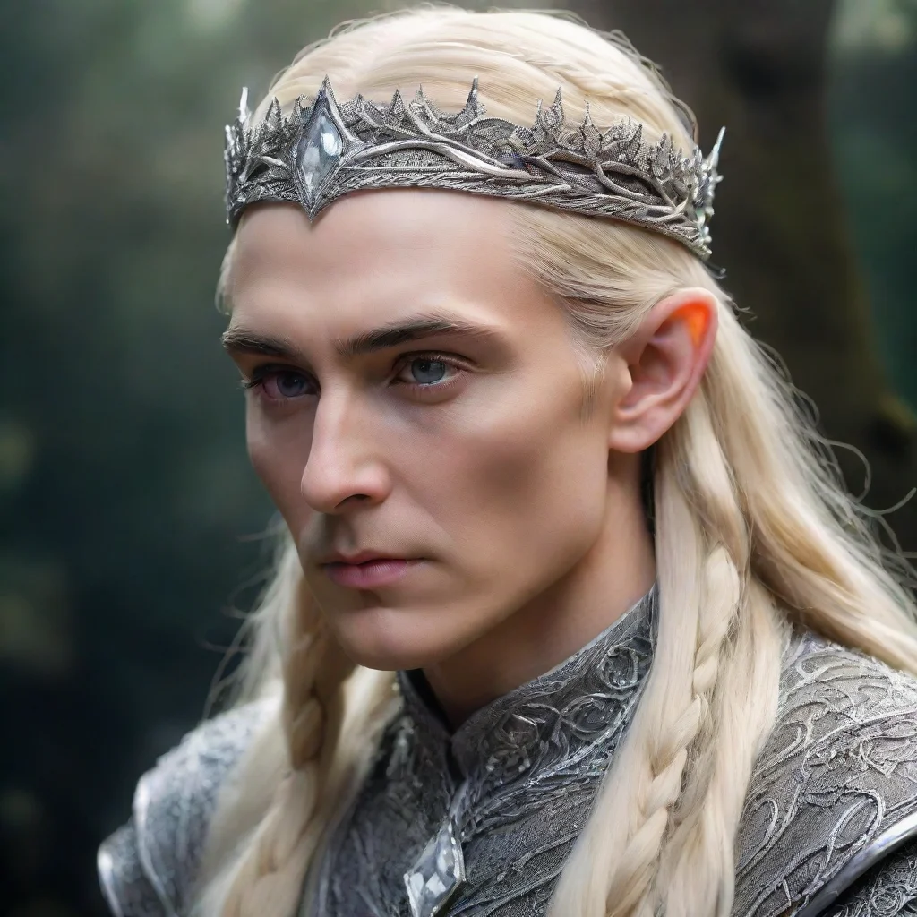 ai amazing king thranduil with blond hair and braids wearing silver serpentine nandorin elvish circlet encrusted with diamo