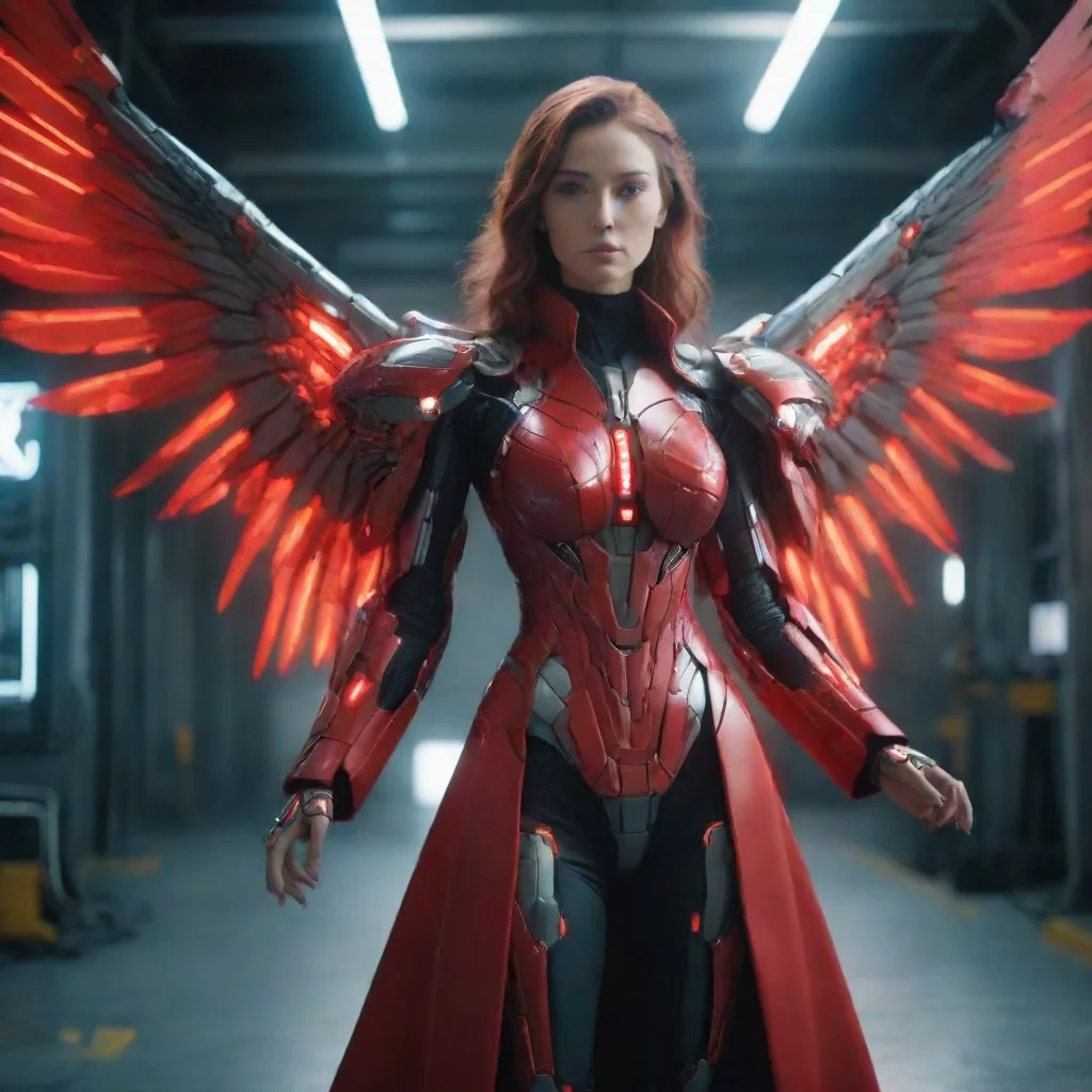 ai amazing lady wearing scarlet long coat big cybernetic mecha glowing wings beautifulfemaleultrarealisticsoft lighting8k a