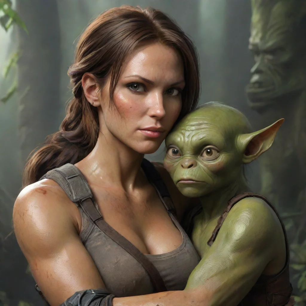 amazing lara croft cuddles with goblin awesome portrait 2