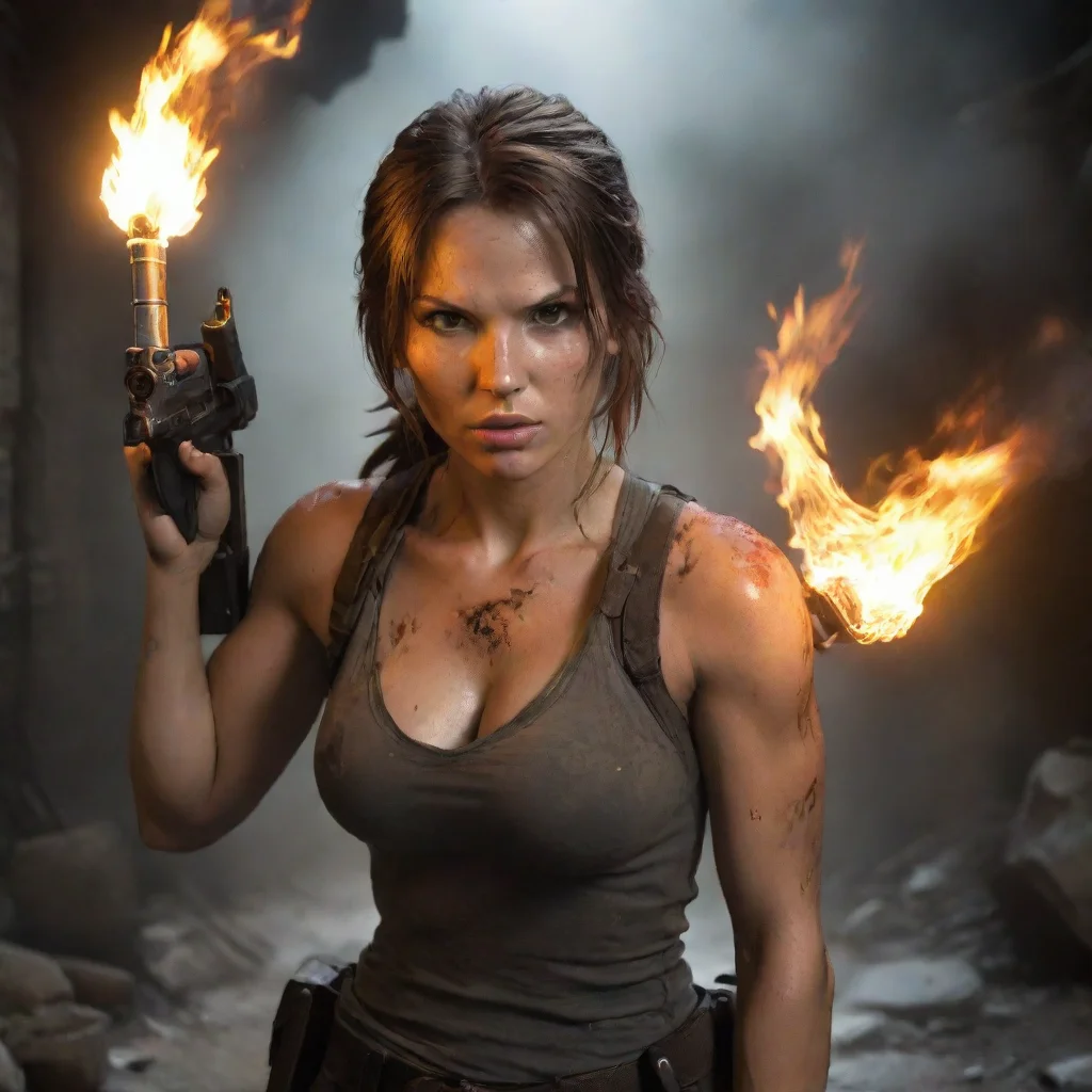 amazing lara croft with a flame thrower awesome portrait 2