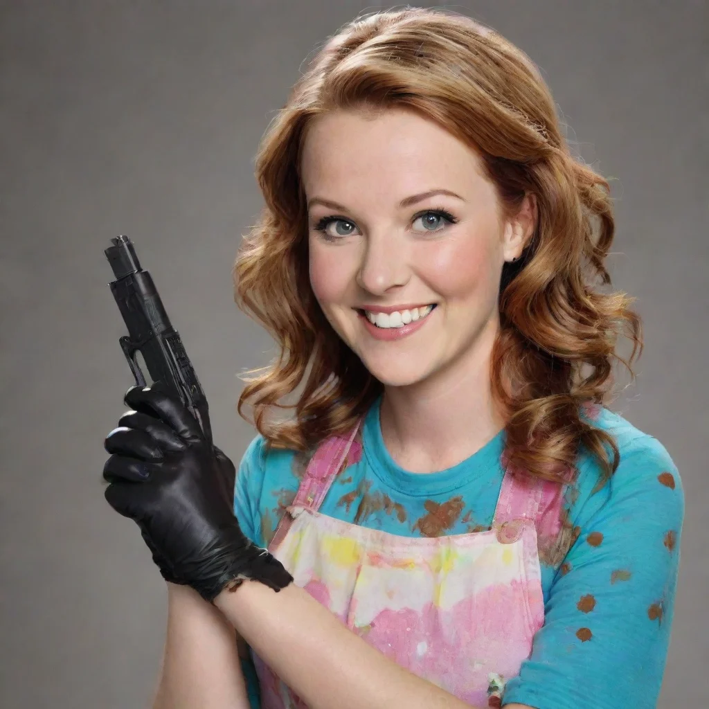  amazing leigh ann baker as amy duncan from good luck charliesmiling with black nitrile gloves and gun and mayonnaise spl