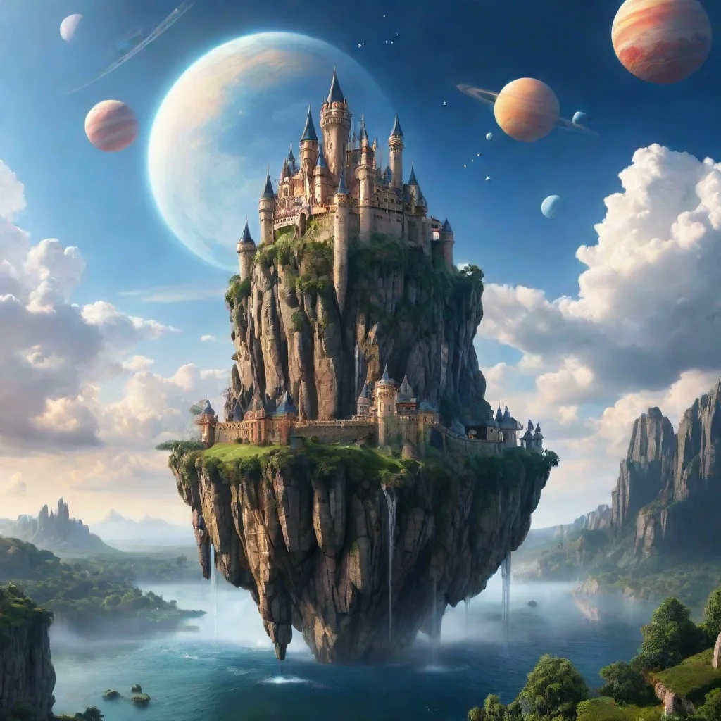 ai amazing logo saying stable diffusion peaceful castle in sky epic floating castle on floating cliffs with waterfalls down
