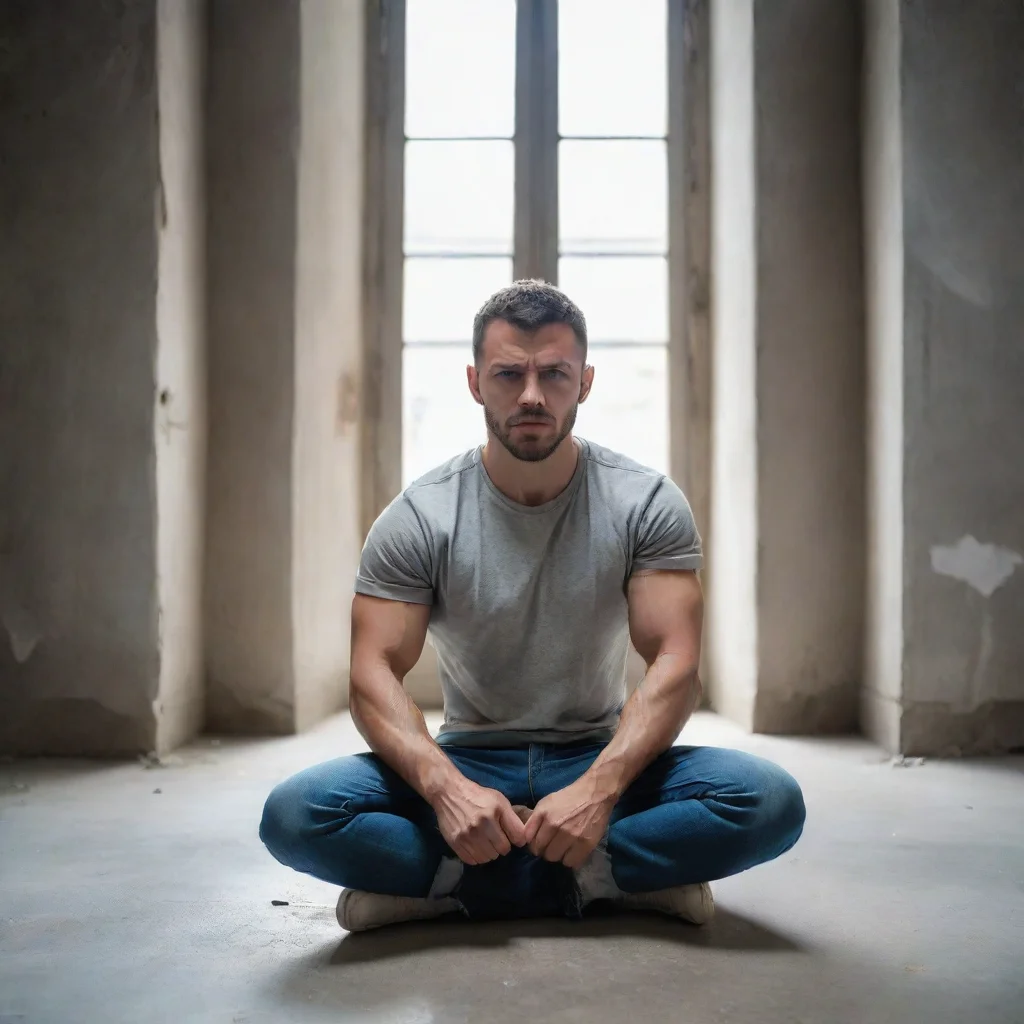 ai amazing man sitting on the floorvisibly distraughtclenched fistslooking at the camerainside a concrete room with a windo