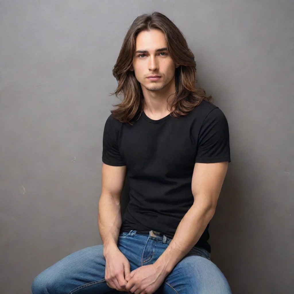 ai amazing man with brown hairbrown eyesblack t shirtand jeans sittinglong hairtummytight shirtnarrow waist awesome portrai