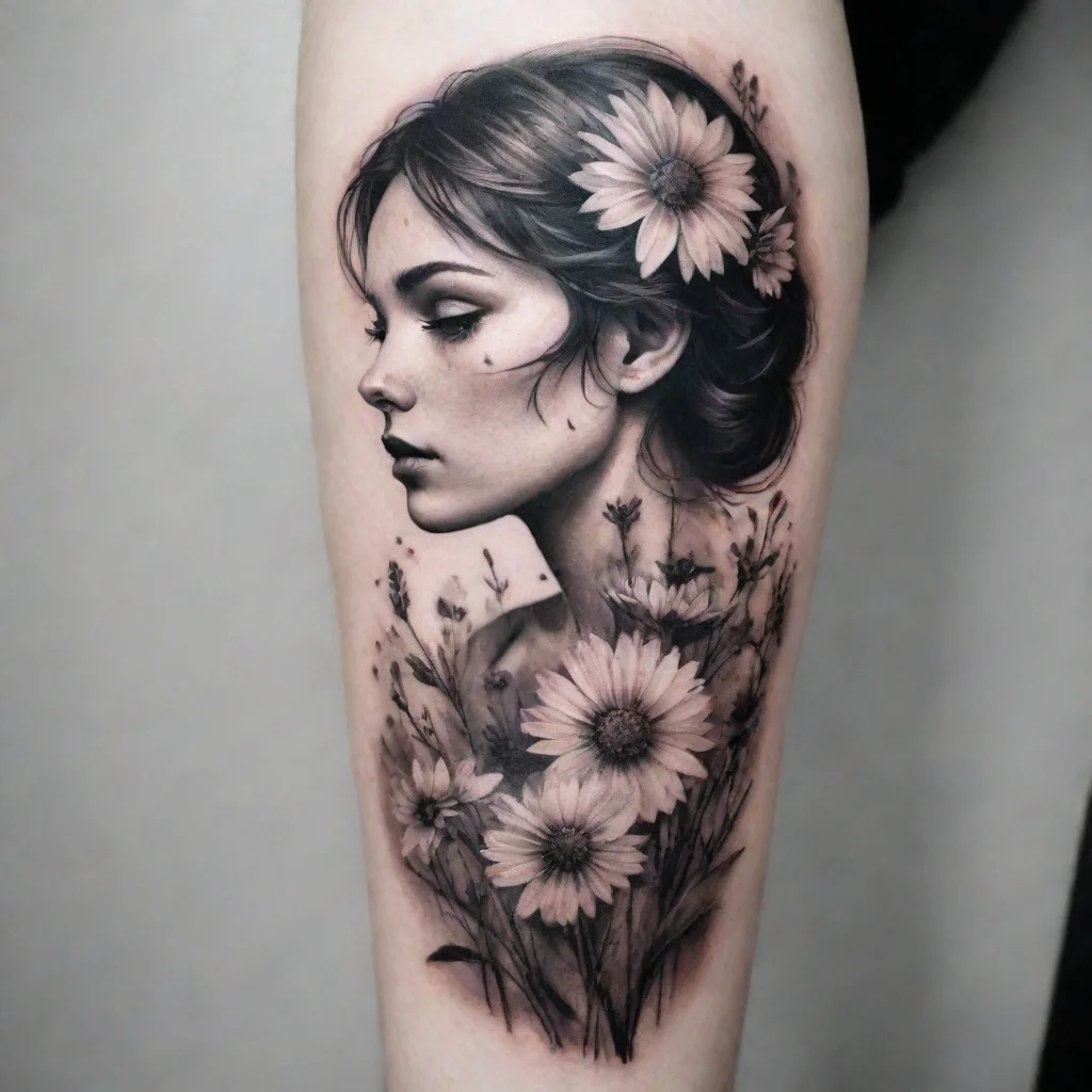 ai amazing meadow flowers black and white tattoo awesome portrait 2