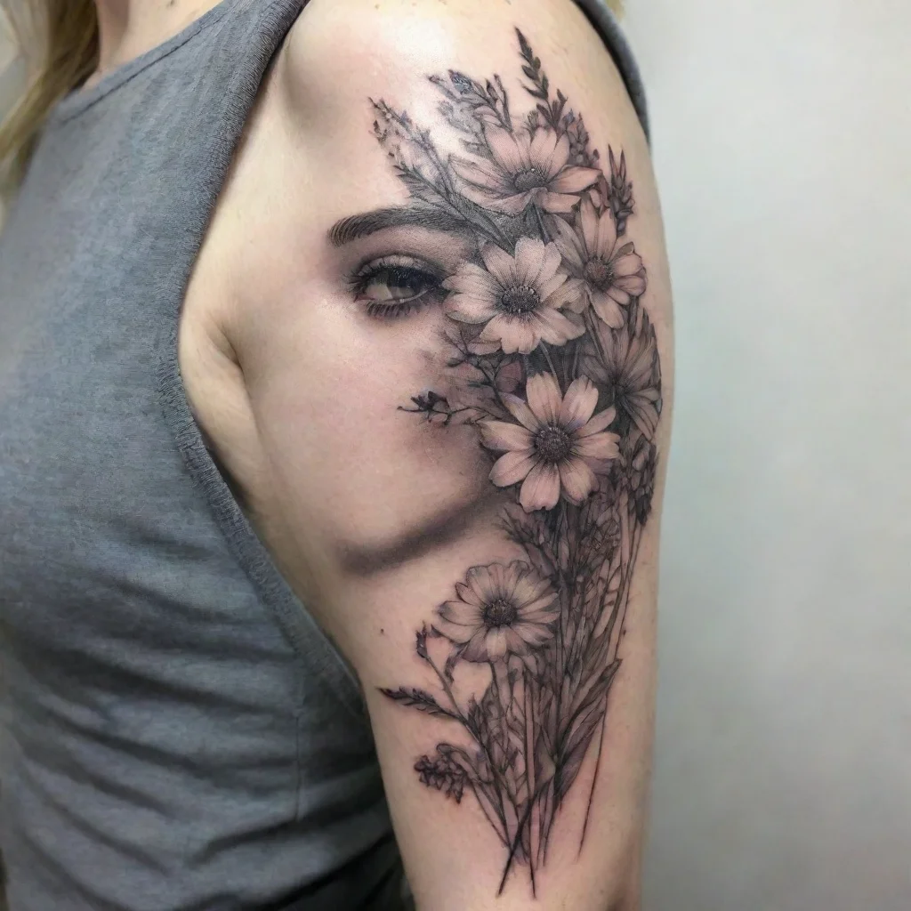 ai amazing meadow flowers fine line black and white tattoo awesome portrait 2