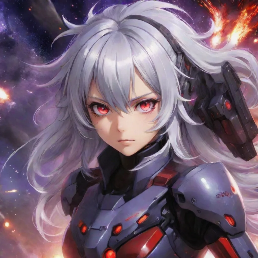  amazing mecha pilot purple red eyes silver hair anime space background explosions awesome portrait 2
