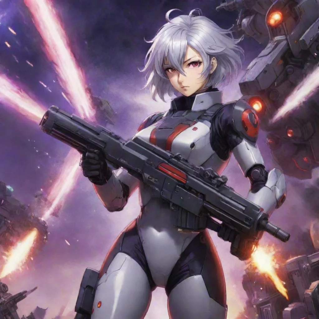  amazing mecha pilot with gunpurple red eyesshort silver hairanime space backgroundbattleshipfightingexplosionslasers awe
