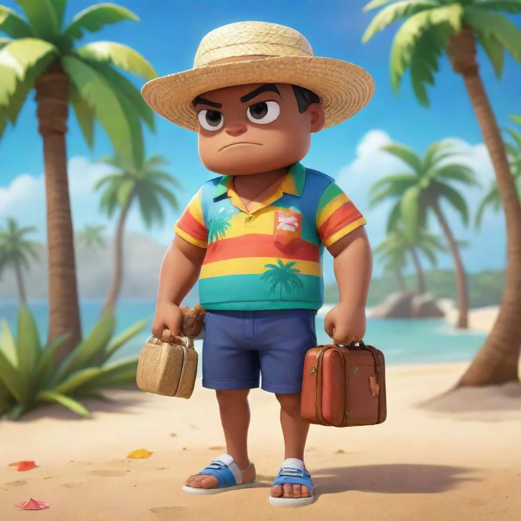 ai amazing mr p from brawl stars is wearing a colorful polo shirt with a beach motifshort shorts and a straw hathis suitcas