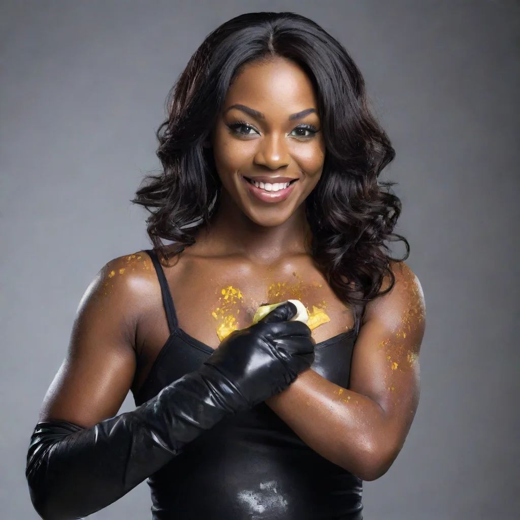 ai amazing naomi wwe smilingwith black nitrile gloves and gunandmayonnaise splattered everywhere awesome portrait 2