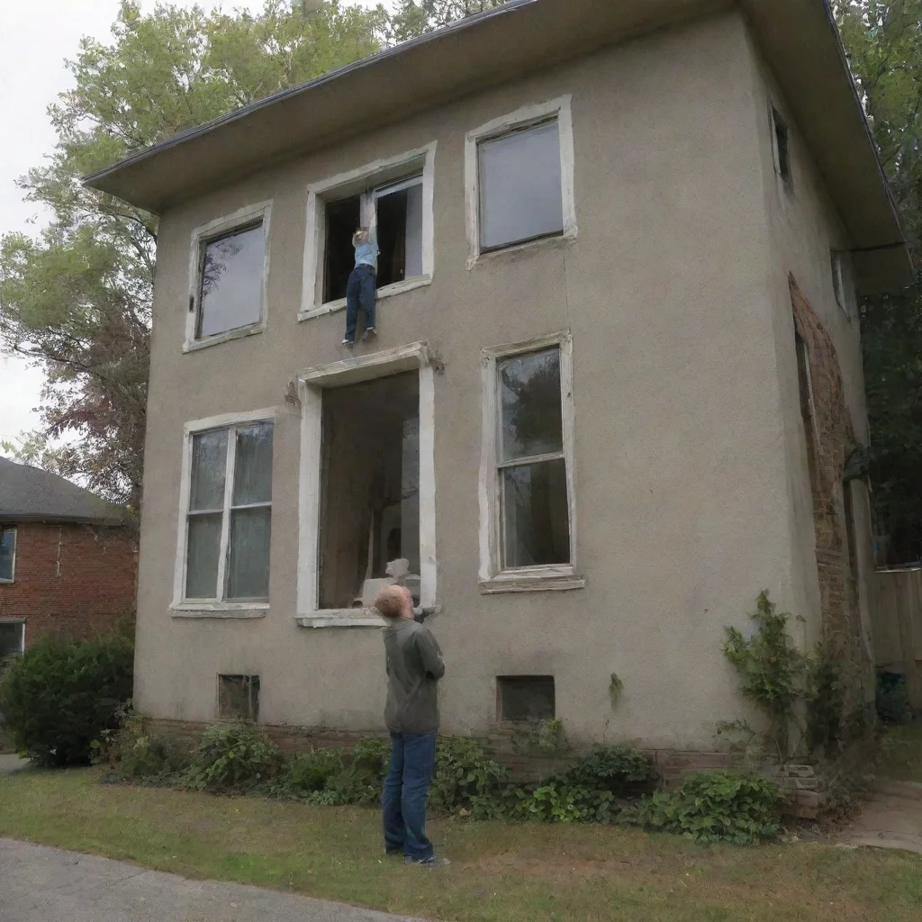 ai amazing person taller than their housebending down to look into the second story window awesome portrait 2 tall