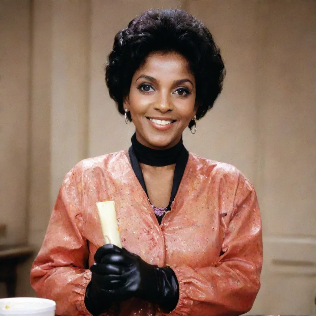  amazing phylicia rashad as clair huxtable from the cosby show smilingwith black tough nitrile gloves and gun and mayonna