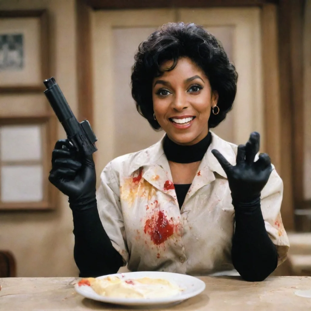  amazing phylicia rashad as clair huxtable from the cosby show smilingwith black ultra nitrile gloves and gun and mayonna