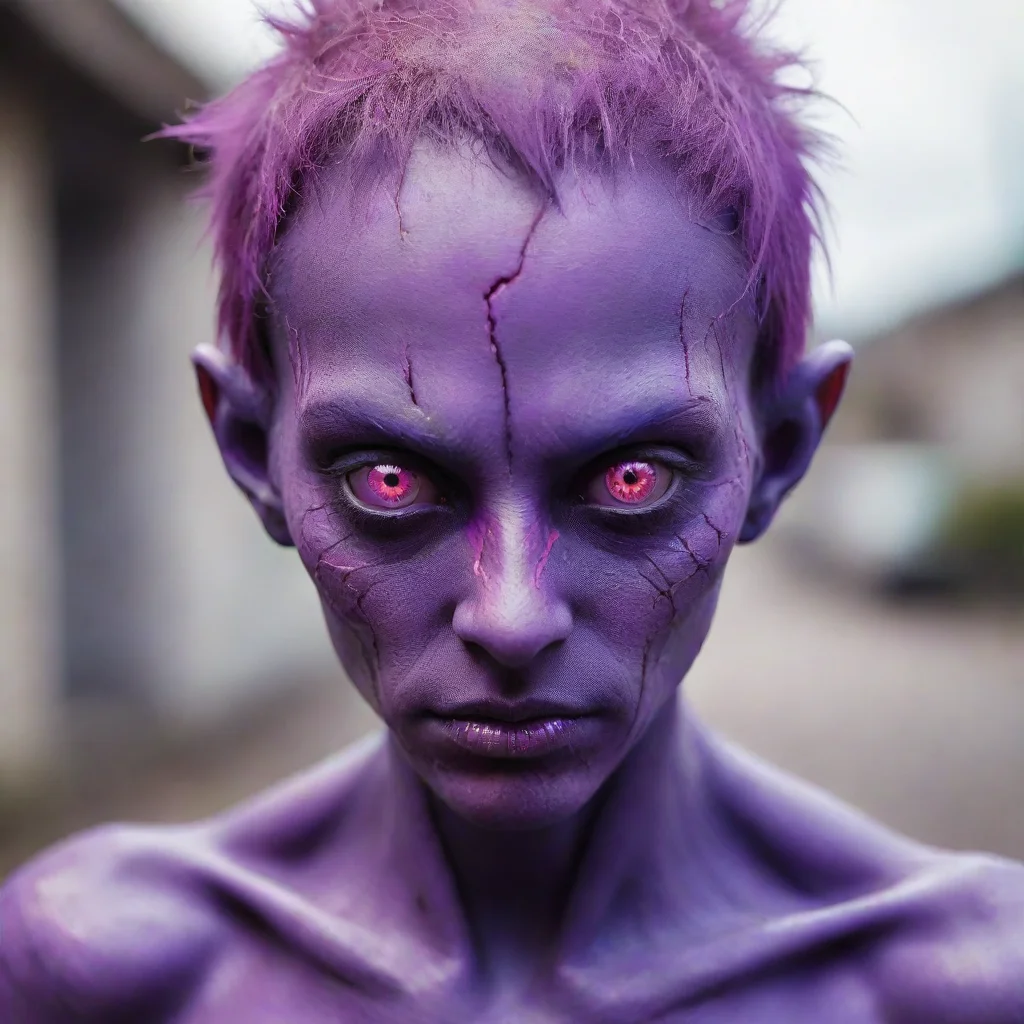 ai amazing purple humanoid with no mouthpurple eyes with bright pink scleraand purple skin with pink cracksawesome portrait