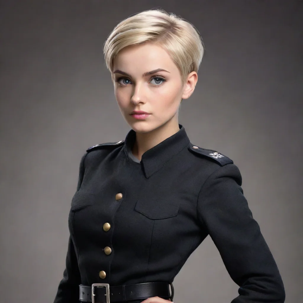 ai amazing realisticattractive skinny west european womanblonde hairshort pixie haircutblack ww2 military uniformblack mili