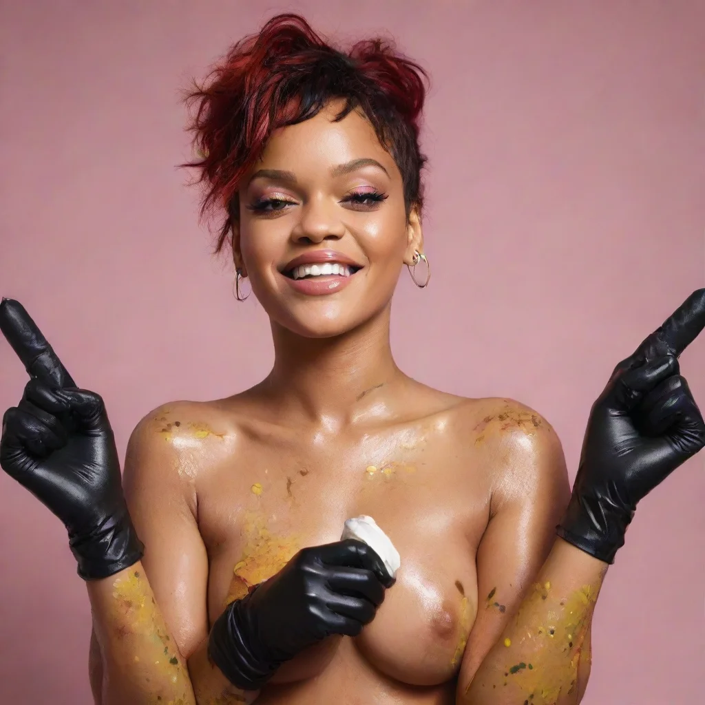 ai amazing rihanna wild thoughtssmilingwith black comfy nitrile gloves and gunandmayonnaise splattered everywhere awesome p