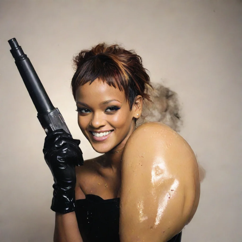 ai amazing rihannasmilingwith black comfy nitrile gloves and gunandmayonnaise splattered everywhere awesome portrait 2