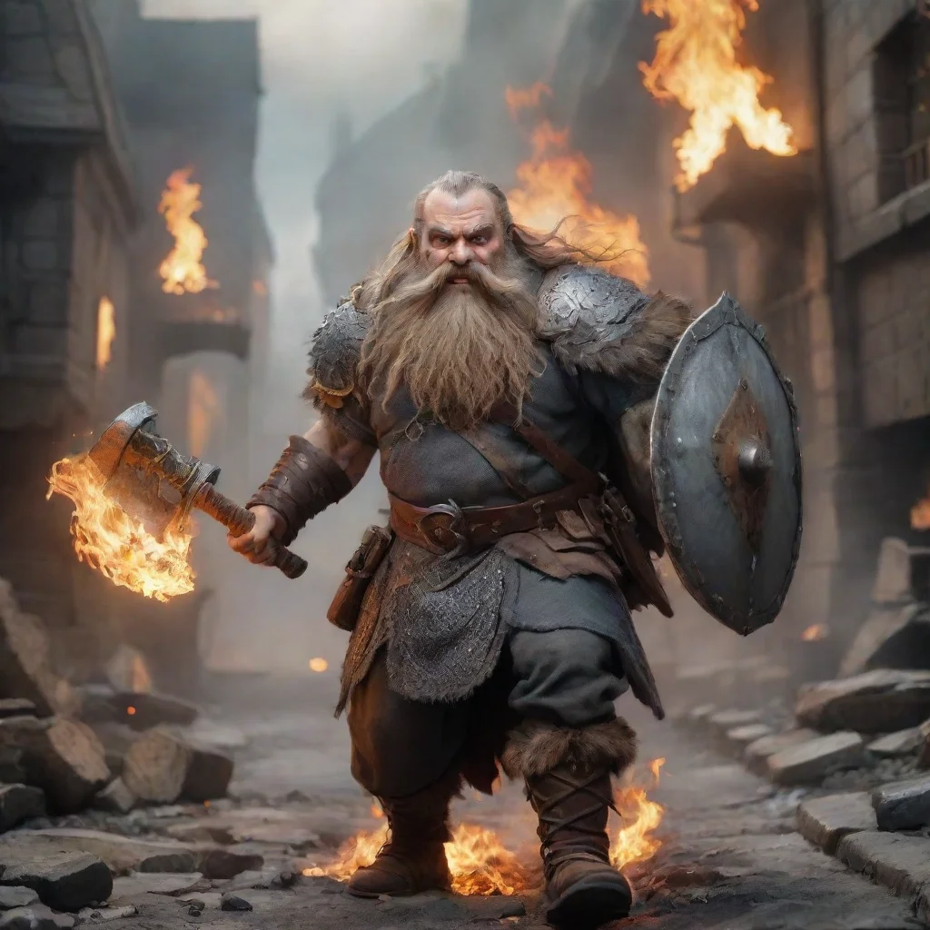 ai amazing running dwarf with plate mail and long beardwith a big battle axeflaming city on background awesome portrait 2