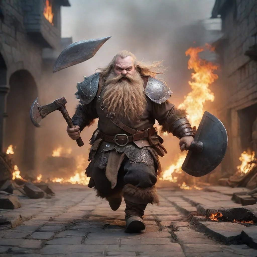 ai amazing running dwarf with plate mail and long beardwith a big battle axeflaming city on backgroundimage from behind awe