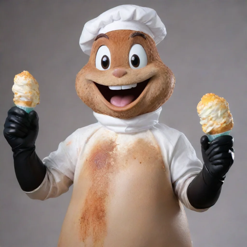 ai amazing sandy cheekssmiling with black deluxe nitrile gloves and gun and mayonnaise splattered everywhere awesome portra
