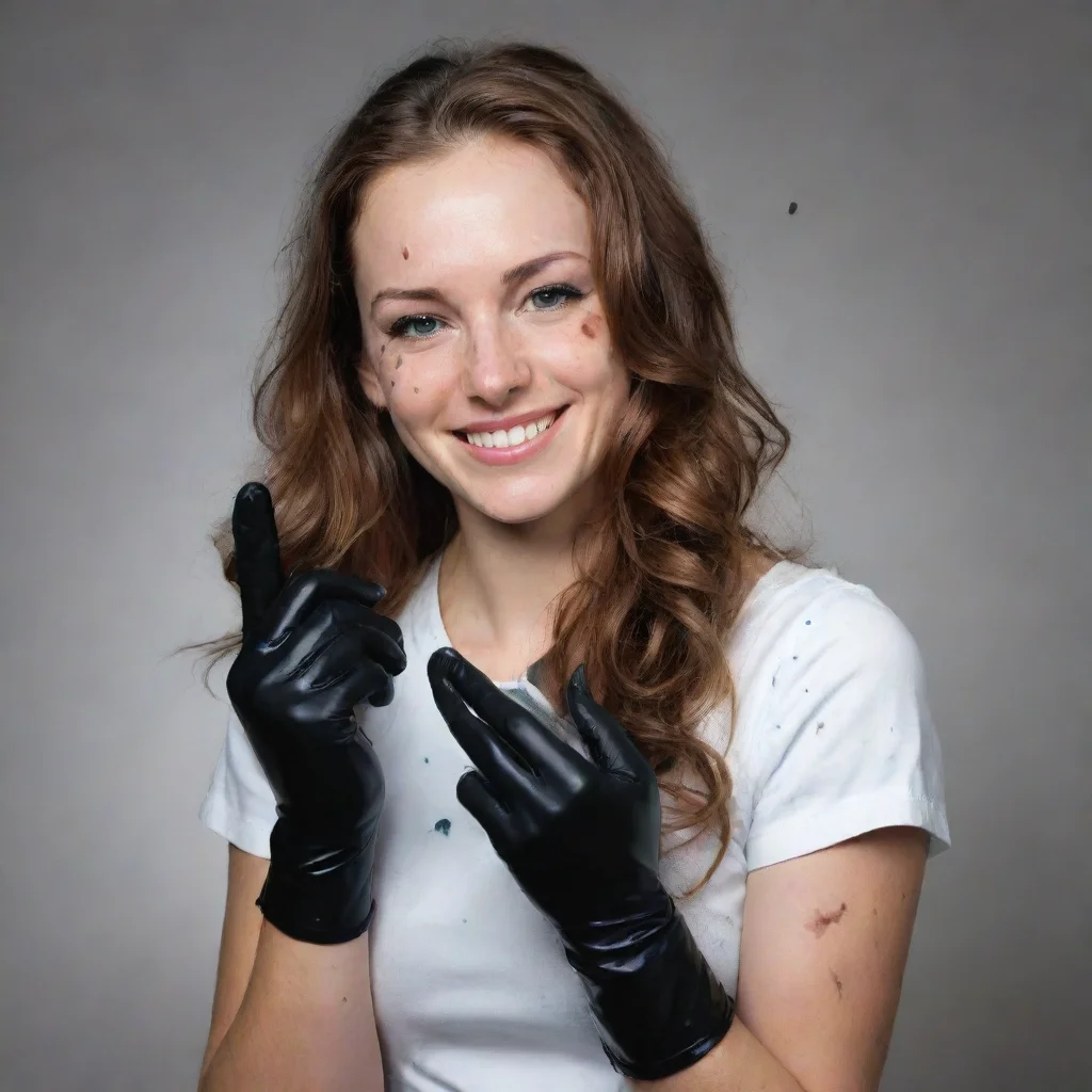 ai amazing sarah schreiber smilingwith black nitrile gloves and gunandmayonnaise splattered everywhere awesome portrait 2