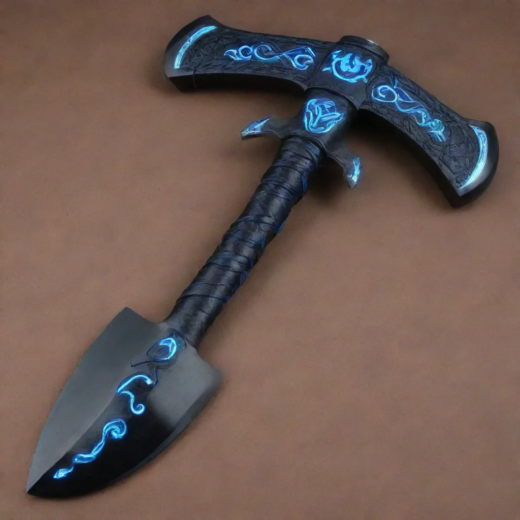 ai amazinga sleek black battle axe with a head crackling with blue lightning energyengraved with glowing ancient runesthe h