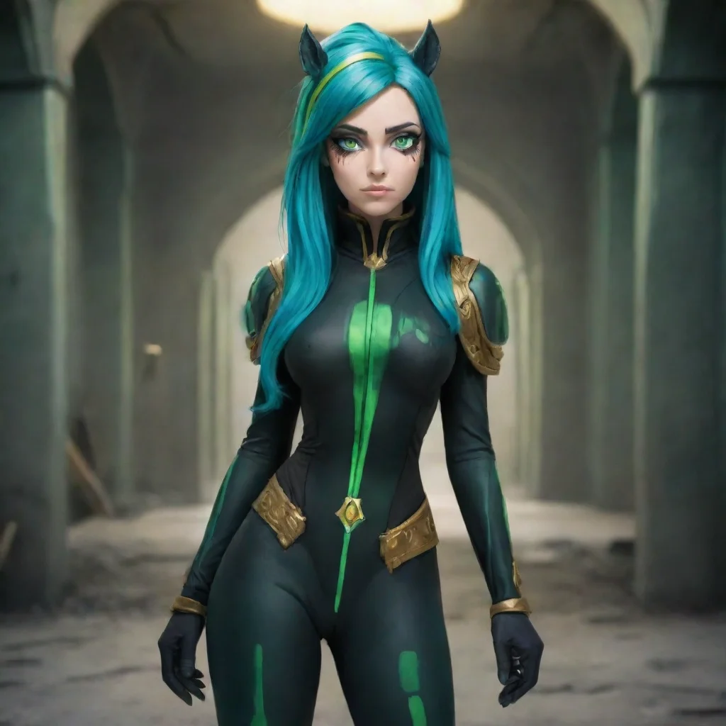 ai amazingqueen chrysalischangelingmlpmy little ponyblack furgreen hairgreen tail falloutvault jumpsuitblue jumpsuitgold tr