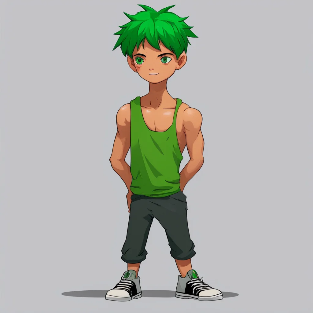 ai boy dangropia style character has short green hair as ultimate counsellor wearing no shirt with no socks or shoes and front view            amazing awesome portrait 2