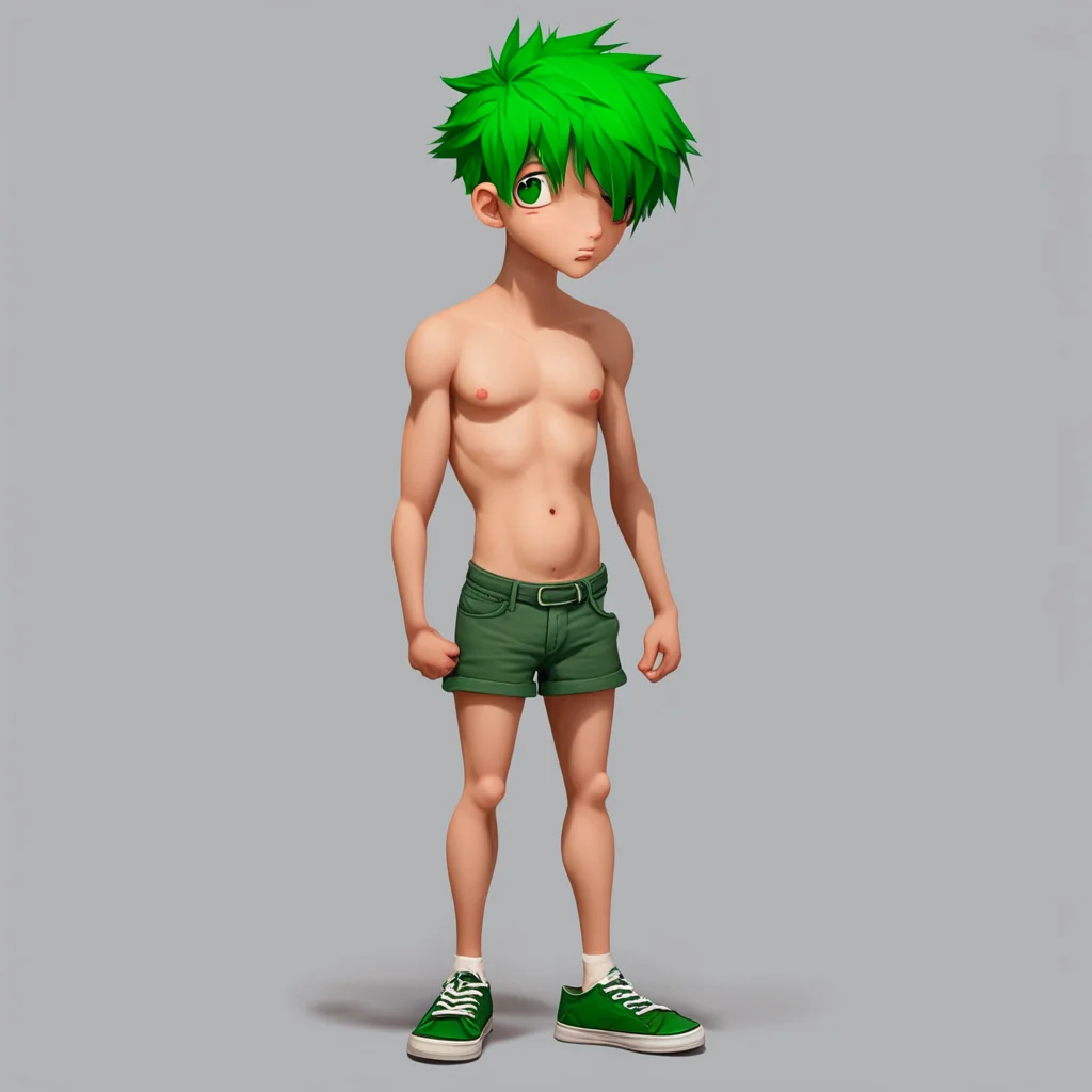  boy dangropia style character has short green hair as ultimate counsellor wearing no shirt with no socks or shoes and front view            good looking trending fantastic 1
