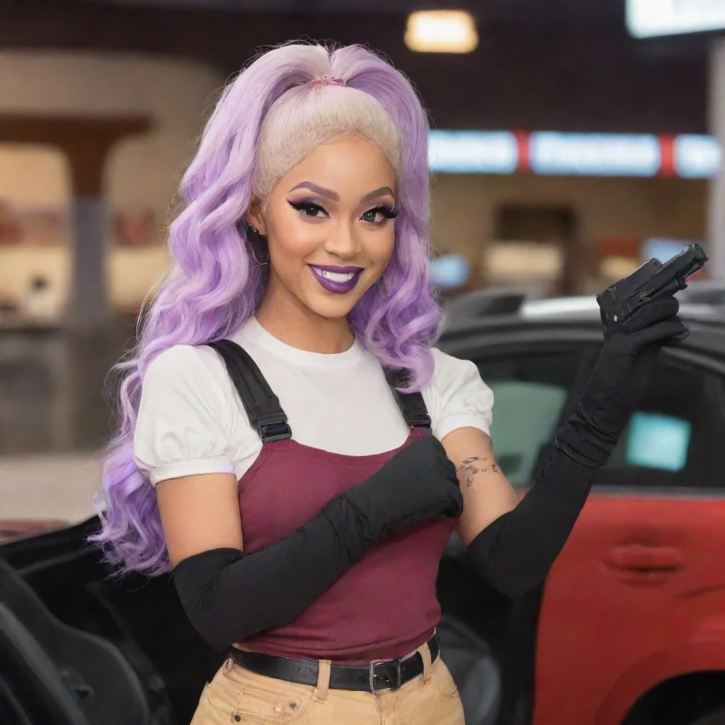 ai doja car  at taco bell smiling with black gloves and gun 