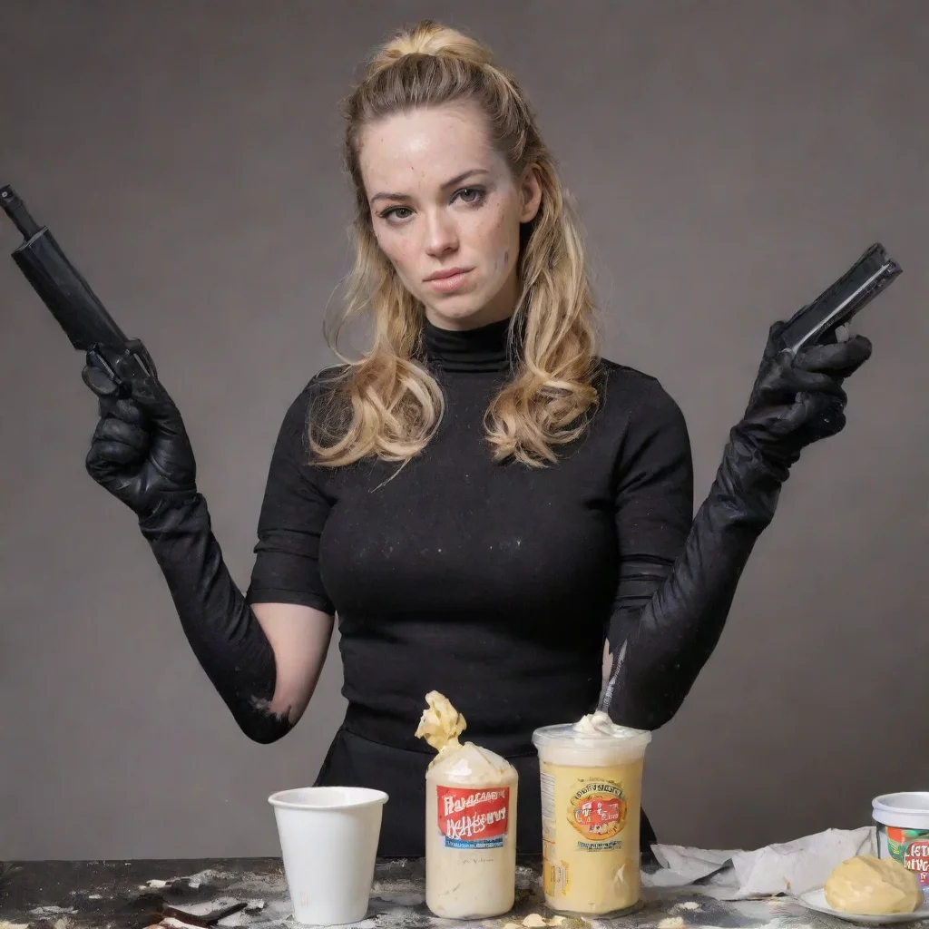 emily elizabeth howard with black gloves and gun and mayonnaise splattered everywhere 