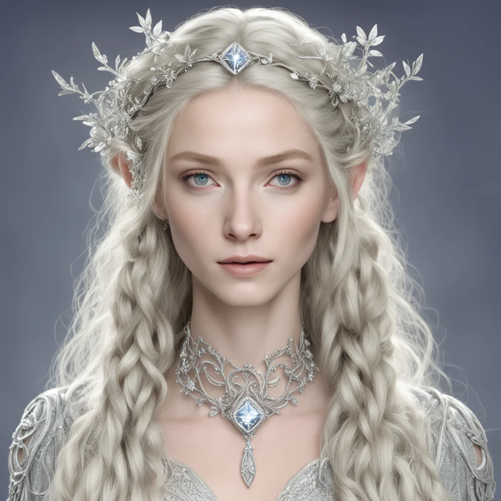ai galadriel with blond hair and braids wearing silver vines encrusted with diamonds with silver flowers encrusted with diamonds forming a silver elvish circlet with large center diamond