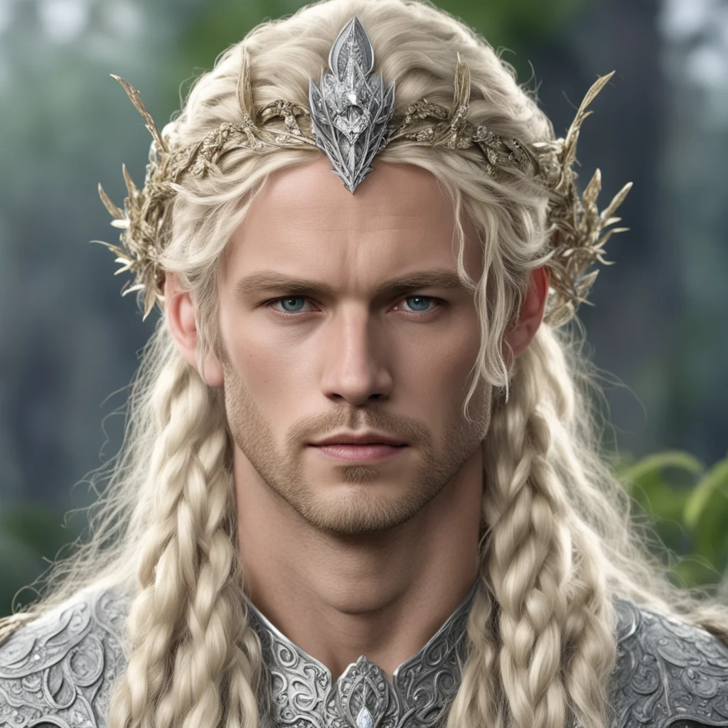  king amroth with blond hair with braids wearing silver oak leaf elvish circlet encrusted with diamonds with large center diamond  good looking trending fantastic 1