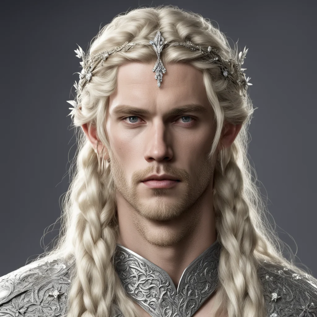 ai king finrod with blond hair and braids wearing small silver flowers encrusted with diamonds forming a small silver elvish circlet with large center diamond  good looking trending fantastic 1