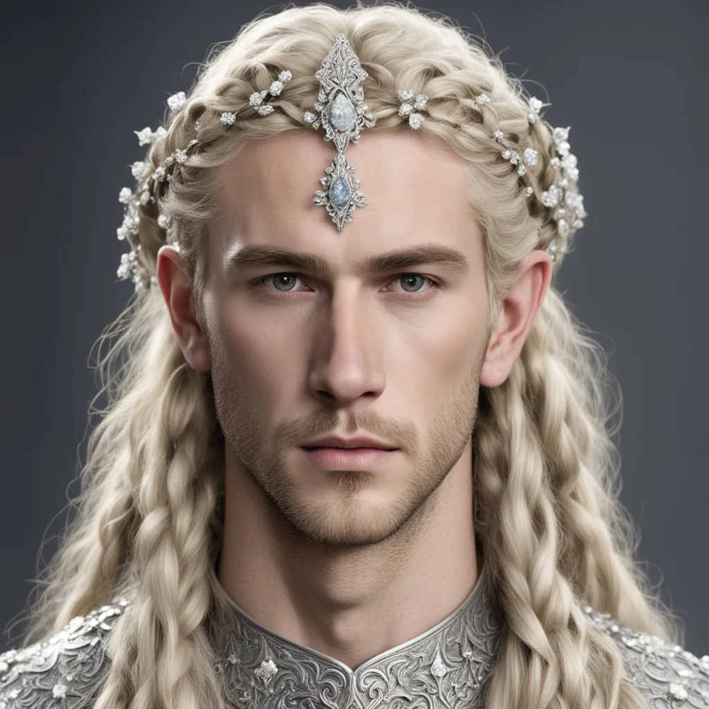  king finrod with blond hair and braids wearing small silver flowers encrusted with diamonds forming a small silver elvish circlet with large center diamond 